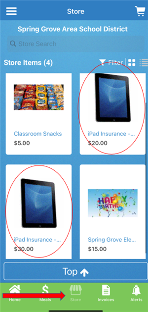 Screenshot of MySchoolBucks Store with the iPad protection fee items circled in red